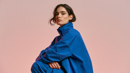 Fototapeta premium Portrait of a Woman in Casual Blue Fashion Attire Against a Soft Pink Studio Background