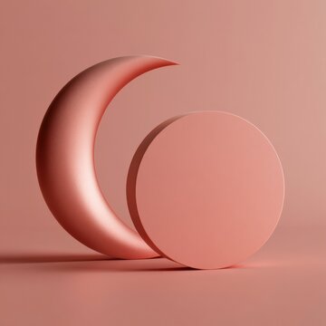 A crescent and circle are placed on a flat surface. The colors are soft and muted. The objects are simple and create a sense of balance.