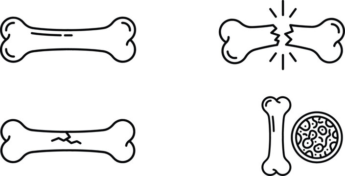 Healthy and broken bone line icon vector set showing fracture crack skeleton injury anatomy osteoporosis and medical care