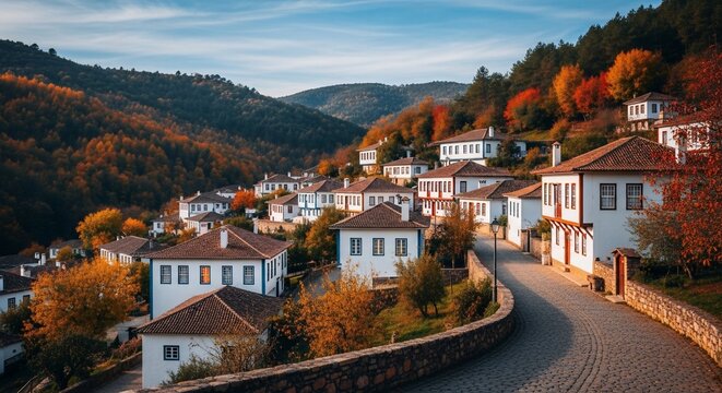 Village houses in scenic hillside landscape