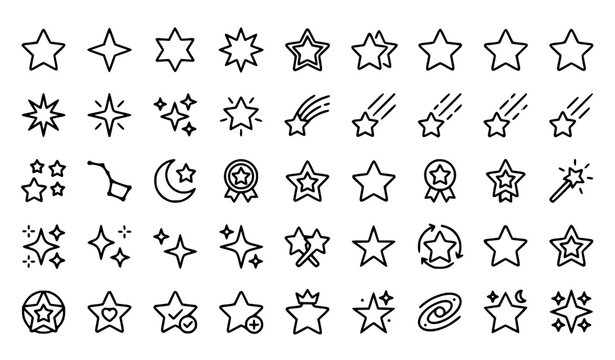 Star and Sparkle Line Icon Set with Shooting Stars Moon Constellation Magic Wand and Rating Symbols for Award Badges Website Layouts Digital Media Designs
