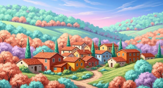 Village houses in scenic landscape