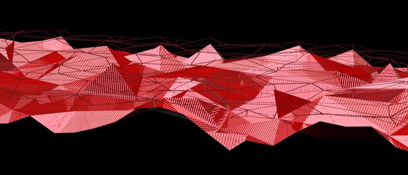 Intricate 3D abstract art showcasing a red geometric landscape with detailed textures and lines.