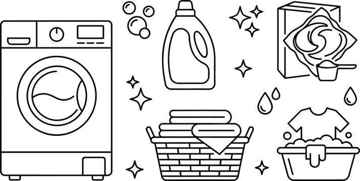 Laundry and washing line icon set featuring washing machine laundry basket liquid detergent pod and hand wash basin