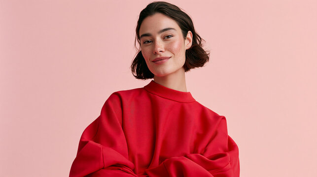 Portrait of a Young Woman Smiling Confidently in a Red Sweater Against a Bright Pink Background
