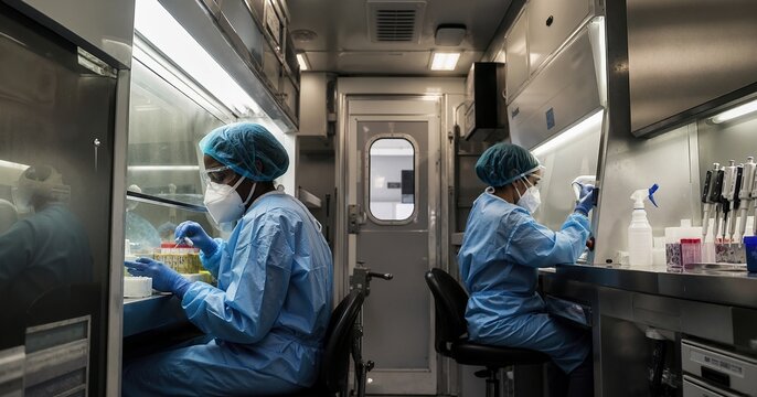Scientists working inside a mobile outbreak testing laboratory. Technicians in protective gowns analyzing samples in biosafety cabinets