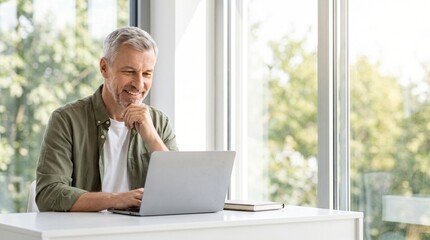 Fototapeta premium Smiling mature senior man looking at computer sitting at table. Happy older 50s mature middle aged man using laptop working online, elearning, browsing web, searching online at home.