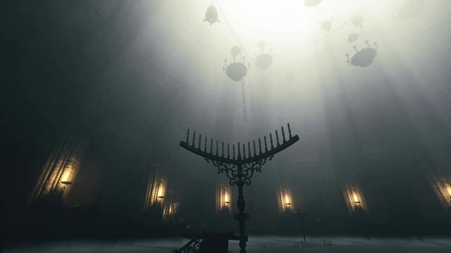 Wide interior panorama featuring ornate candelabrum and distant lanterns, high vaulted ceiling and symmetry, dramatic scale for editorial or background use