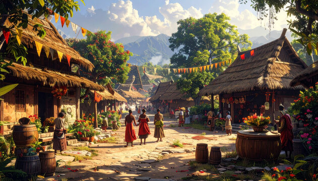 Village scene with traditional buildings