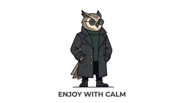 Anthropomorphic owl character wearing sunglasses and long coat standing