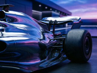 Fototapeta premium a chrome reflective race car concept close view showcasing metallic shiny bodywork and wide rear wheel under dramatic blue and pink neon twilight lighting near garage track and building