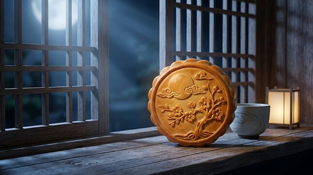 Mooncake near wooden window with moonlight view