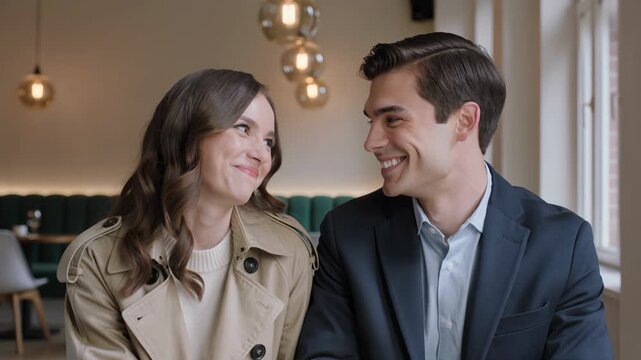 Smiling woman and man talking during romantic date in cafe. Happy couple laughing and looking at each other. Interaction of partners in restaurant, leisure scene