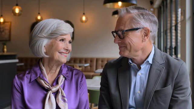 Senior woman and senior man smiling and talking together in cozy cafe. Happy elderly couple enjoying conversation during date. Friendship and lifestyle concept