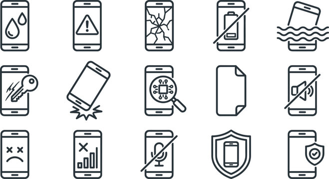 Smartphone repair line icon set with broken screen water damage low battery scratch drop and security shield vector symbols