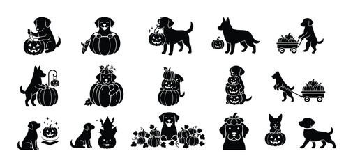 Obraz premium Set of black silhouettes featuring cute dogs and pumpkins for halloween themed designs and holiday seasonal decorations