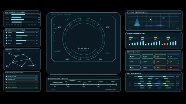 HUD Dashboard 9 finance user interface with analytics panels, gauges, charts, indicators, sensors, controls and futuristic fintech technology motion graphics