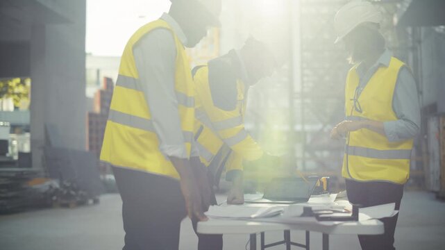 Real Estate Construction Site: Team of Professionals Meet at Table, Using Laptop and Blueprints to Discuss Development Plans, Point at Drawings and Agree on the Next Building Phase. Slow Motion