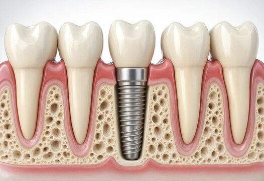 Detailed dental implant illustration showing a titanium screw embedded in the jawbone, surrounded by natural teeth and gum tissue, highlighting oral anatomy and restoration.