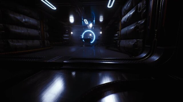 Futuristic spacecraft dock environment. Viewing sleek dock bay illuminated by neon. Reflections and instrument controls define docking atmosphere