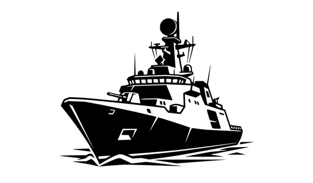 Futuristic black naval combat ship front silhouette with radar vector illustration