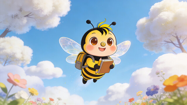 Cheerful cartoon bee with book flying in a colorful spring garden scene