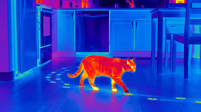 A cat and paw prints on the floor in the infrared radiation of a thermal imager. Temperature analysis of the room in the apartment, thermogram of the kitchen