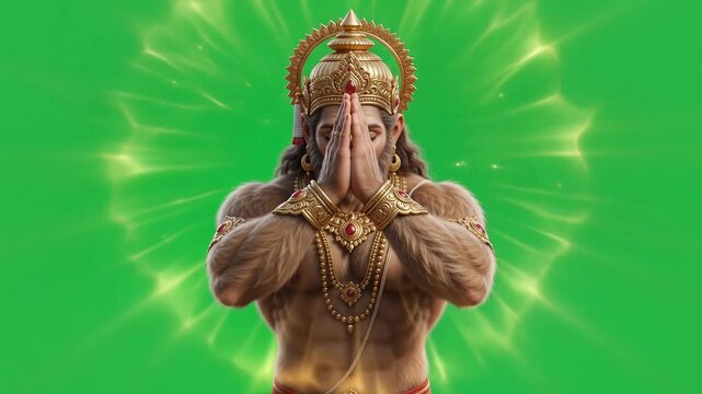 Lord Hanuman in Namaste Pose with Divine Light on Green Screen
