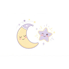 Fototapeta premium Cute Smiling Crescent Moon and Winking Star, Sweet Dreams Doodle Illustration