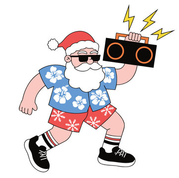 Santa claus wearing sunglasses and an aloha shirt, holding a boombox, celebrating a tropical or summer christmas holiday