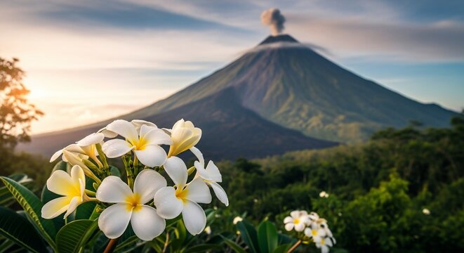 Volcano landscape with flowers