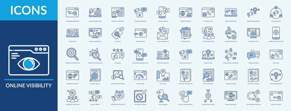 Online Visibility icon set. Editable line blue icons. Vector illustration