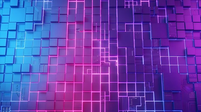 Glowing Artificial Intelligence Grid Dissolve Color Shift Wallpaper. Cerulean Magenta and Violet Blending Backdrop. Non-Representational Electronic Design Featuring Block Components Matrix. Lively