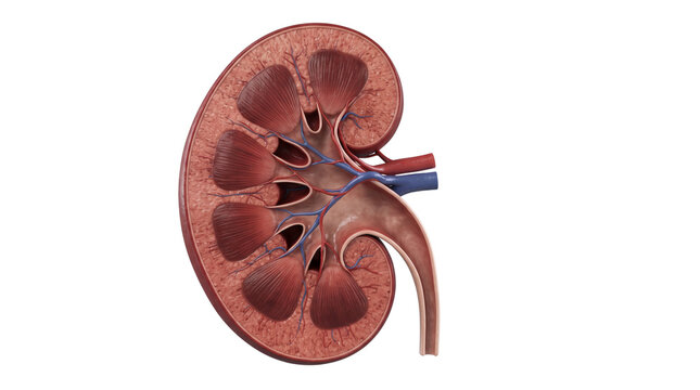 Human kidney cross section, anatomical renal structure with medulla and cortex, medical illustration of internal organ isolated PNG with Transparent Background