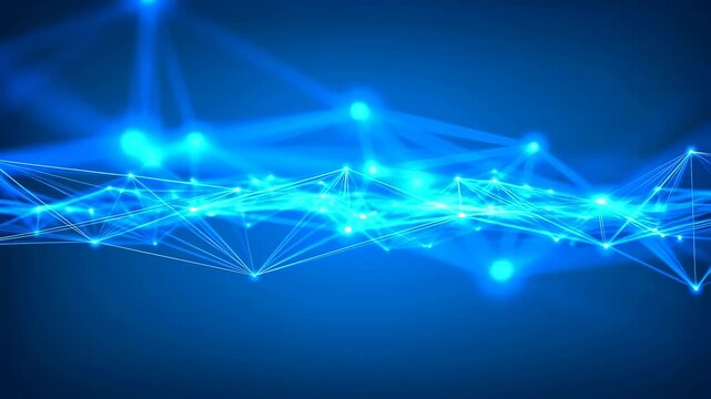 Glowing blue and cyan nodes pulse and shift within a flowing digital network mesh on a dark background. Animated texture shows points of light and thin connecting lines with pulsing motion.