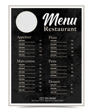 Elegant minimalist restaurant menu template with black grainy textured background and cream typography. 