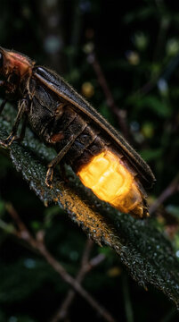 Macro Profile of Glowing Firefly Beetle Emitting Warm Golden Light in Night Foliage