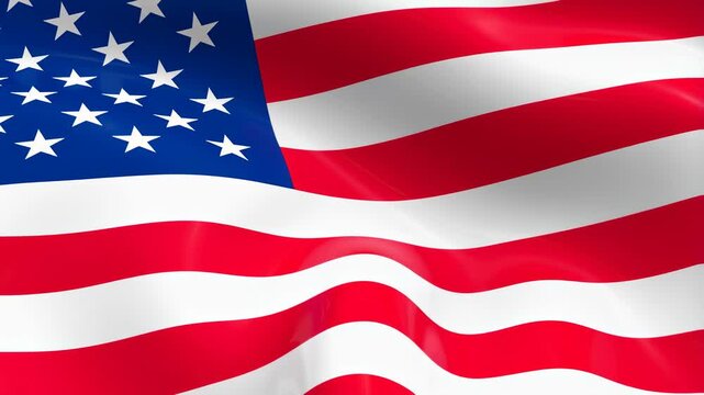 Realistic American flag with stars and stripes waves gently with fabric texture and natural light highlights. Waving creates soft shadows and visible depth.