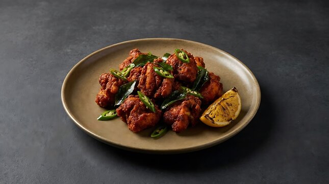 Spicy chicken stir fry with fresh green chili and lemon slice served on a round plate dark background. chicken 65