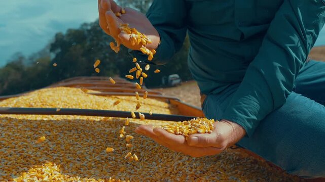Farmer pouring golden corn kernels from hand to hand inside a grain trailer at sunset, checking harvest quality in slow motion