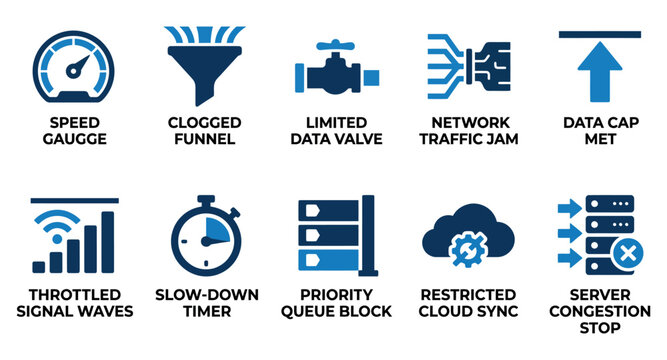 Set of network congestion and data bottleneck icons showing slow internet speed and server traffic issues Minimal solid fill icon set bundle collection. Editable Vector Illustration Mega pack