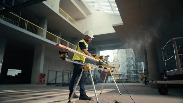 Real Estate Building Construction Site: Professional Male Carpenter Operates Electric Miter Saw, Trimming Long Wooden Beam Inside Spacious Property Interior. Wide Static Shot