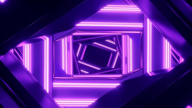 Rotating neon-lit tunnel composed of glowing purple geometric frames. Animated scene combines geometric shapes and neon light bars with layered visual depth.