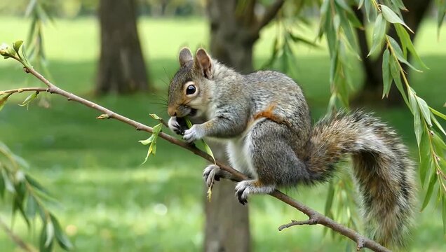  Charming 4K Ultra HD wildlife shot of a wild gray squirrel perched among willow tree branches nibbling on fresh spring buds in Hertfordshire England ideal for nature documentaries and
