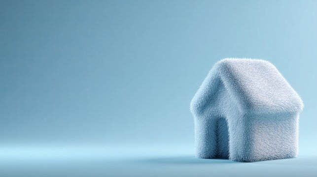 Tiny house covered in thick, cozy fabric, soft textured home protection and insulation concept on a pastel blue background.