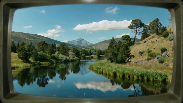 Retro 4K video displaying wilderness nature scenes playing inside an old vintage television set frame delivering a nostalgic artistic visual asset for creative film projects retro media and