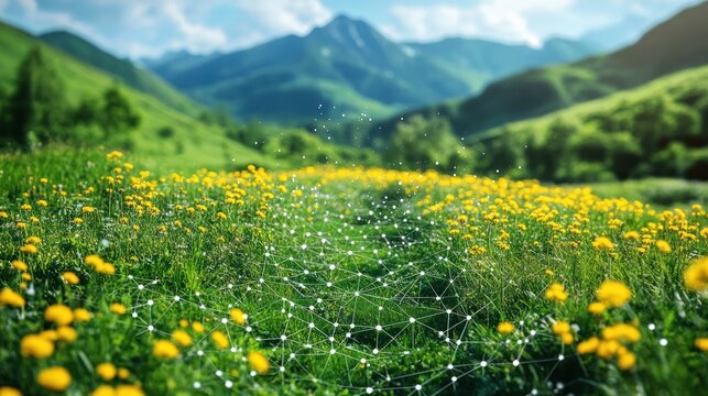 Mountain meadow path with digital network, nature background