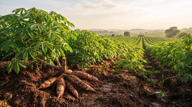 Freshly Harvested Cassava Roots Lying on Fertile Soil in a Lush Green Plantation Field at Sunrise