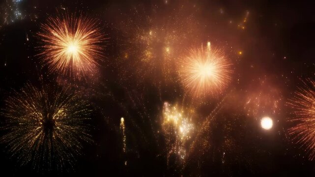 Multiple golden fireworks explode and sparkle against a dark night sky. Sparks fade and diffuse softly, creating a festive outdoor night celebration background.