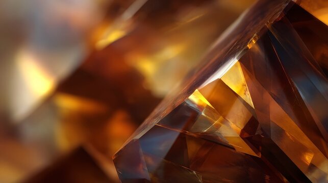 An abstract geometric structure (like a crystal or prism) reflecting light, with its facets colored in the rich browns and golds of coffee. Sharp edges, high refraction. 
